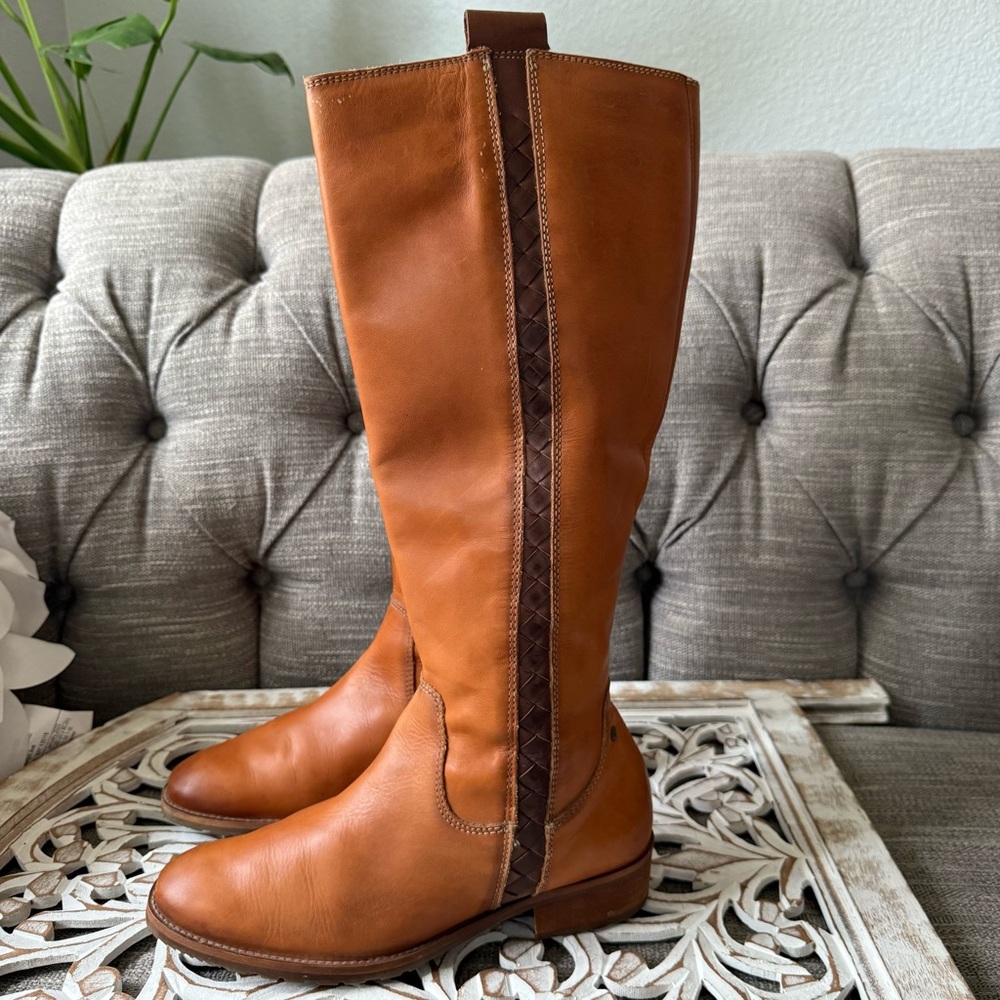 Pikolinos Tan Leather Tall Riding Boots Women’s 39 8.5 Braided Detail Zip Up - Picture 5 of 16